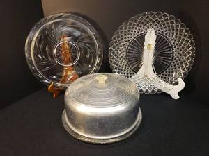 lot 91 image: Vintage Glass Cake Plates & Aluminum Cake Dome 11.5in D x 6in T - Fits All 3 of the Plates - Anchor Hocking Waterford Patten 14in D, 1940s Jeanette Glass Anniversary Patten - 12.5in D, and Indiana Glass Oleander Willow Pattern -13.25in