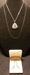lot 92 image: Vintage Silver-Tone Rose Locket Pendant on 18in Chain LInk Necklace, Silver 26in Snake Metal Link Necklace, and Vintage Silvertone Collar Clip Chain 6.25in L - in Vintage Krementz Presentation Box