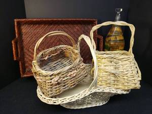 lot 100 image: 3 Woven Gathering Baskets with Handles & Large Woven Rattan Serving Tray - 19in L x 11.75in W, and Decopag Decanter Bottle with Glass Stopper 14.5in T