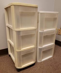 lot 101 image: 2 Sterilite Storage Towers with 3 Drawers each - 1 on Casters 10in W x 16in D x 26.5inT, and other is 12.5in W x 15.5in D x 24.5inT