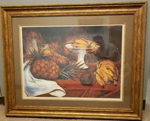 lot 103 image: Extra Large Triple Matted Rustic Still Life Fruit Chalk Art Print - in GoldBronze Custom Rope Edge Frame - 47in W x 38inT