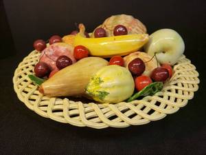 Vintage BASSANO ITALY Hand Painted Majolica Ceramic Fruit Basket Center Piece - Bottom Stamped - 14.5in W