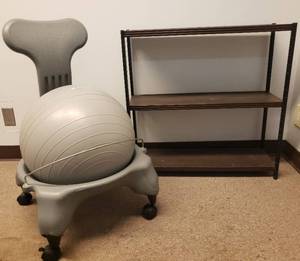 lot 105 image: GAIAM Balance Ball Office Chair on Swivel Casters - Light Weight Frame - Removable Ball Seat - 20in W x 24in D x 32in T Back, and 3 Level Metal Shelf Unit - 30in W x 10in D x 30in T