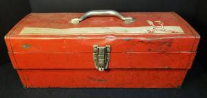 lot 107 image: Vintage 1960S-1970S MOPAR Red Metal Toolbox with Road Runner & White Stripe - Removable Metal Inner Tray - 19in L x 7.5in D x 7.5in T
