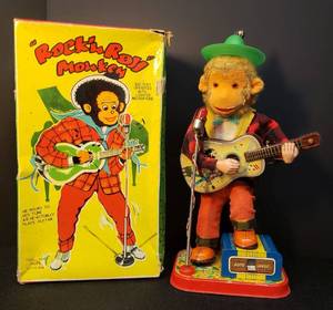 Vintage 1950's "Rock'n Roll" Monkey - Tin Lithograph Battery Operated Toy with Removable Hat - in Original Box - by Alps Japan - Approximately 14in T