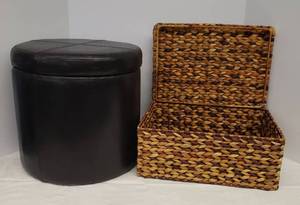 lot 110 image: Round Padded Storage Stool 15in W x 14in T, and Woven Naturals Storage Box with Lid 15in L x 11in W x 7ini T