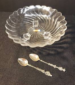 lot 111 image: Vintage Fostoria Crystal Colony Swirl Pattern 3 Footed Bon-Bon Dish with Original Paper Sticker - Circa 1949-1959 - 7in W x 2.25in T, and 2 Vintage Silver Plate Demi Tasse Spoons Stamped ITALY - Royal Crown & Lion Crest Handles - 4in L