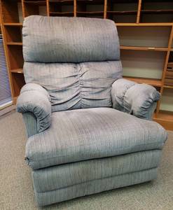 lot 112 image: La-Z-Boy Over Stuffed Rocker Recliner - Slate Blue Upholstery - with Arm & Haad Rest Protectors - 34in W x 38in D Closed x 40in T Back Upright - 65in L Extended