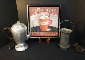 lot 113 image: Rustic Punch Metal Art Star LanternLamp with Removable Wax Melt Tray - 11in T x 5in W, Caffe Latte Box Framed Canvas Art 14in x 14in and Vintage 1960s Mirro-Matic Aluminum Electric 8 Cup Percolator #102M with Cord