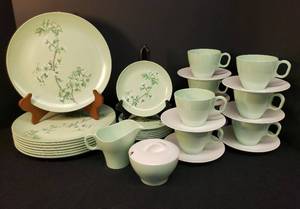 lot 115 image: Vintage 1960s Somerset MelmacMelamine Dinnerware - Seafoam Green wtih Floral Design - 8 Dinner Plates, 8 Bread & Butter, 8 Coffee Cups, and Cream & Sugar Set and 8 Sun Valley White Saucers