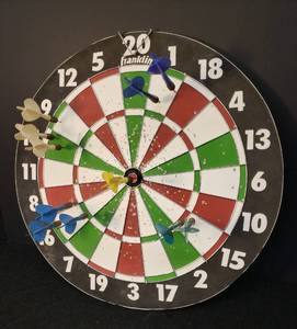 lot 116 image: Vintage Franklin Double Sided Game Board - Original Dart Game & Baseball - 17in W - with 11 Darts & Additional Brass Tips