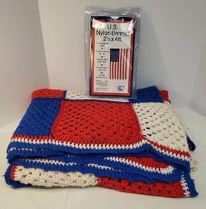 lot 119 image: NIP U.S, FlagBanner - 2.5 Ft x 4Ft, and Large Hand Made RedWhiteBlue Afghan - 70in W x 88in L