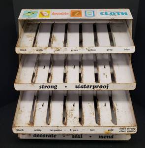 lot 120 image: Vintage 1960s-1970s MYSTIK Cloth Tape Metal Store Display Case - 17in W x 19.5in T x 13.5in D - BORDEN Side Advertising