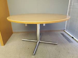 lot 123 image: Large Round Conference Table with Chrome Base & Wood Trim - 54in D x 30in T