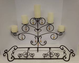 lot 127 image: Large BronzeGold Metal Candelabra with Amber Glass Bead Drops - 17in T x 27in W x 9in D Base - Includes 5 Battery Operated Wax Pillar Candles, and Scroll Metal Horizontal Plate Rack 32in W x 8in T