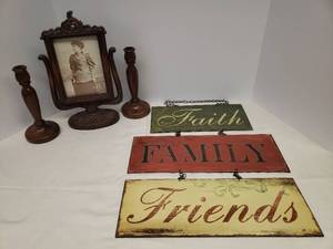lot 128 image: 3 Panel MetalChain Faith, Family, Friends Wall Hanger - 15.5in W x 28in T, Pair of Turned Mahogany Wood Candlesticks 8.75in T, and Carved Adjustable 5 x 7 Photo Frame