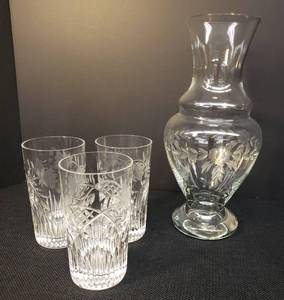 lot 130 image: Rose Cut 24% Lead Crystal Vase 10in T x 5in W & 3 Flower Basket Cut Crystal High Ball Glasses 4.75in T