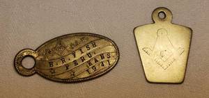 lot 132 image: 1950s Masonic Stamped Silver Metal Personal NameID Tag Pendant 1.75in L - Kansas Address, and Metal Masonic Engraved PendantTag 1in W x 1.25in T