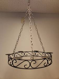lot 134 image: Large Black Metal Patio Candle Chandelier 23in W x 28in T with Chains - Holds 6 Pillar Candles