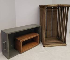 lot 136 image: Antique Early 1900s Cummer Mfg of Paris, Texas AdvertisingStamped - Collapsible Wood Crate 21.5in L x 12.5in W x 12in T, Vintage Wood BoxOraganizer Drawer with Handles, and Small Wood Planter Box