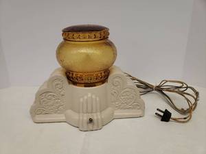 lot 138 image: Vintage 1930s Plaster Art Deco Marquee TV Lamp with Twist Switch and Removable Heavy Amber Glass Globe - WORKS - Original Fabric Covered Cord - Back Stamped #431