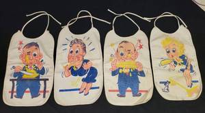 lot 139 image: Vintage Life of the Party Adult Party Bibs - 4Pcs - 8.5in W x 14in L - Circa 1920-1949 - Printed Heavy Cotton Canvas - Made by Baker-Lockwood Mfg. in Kansas City, MO