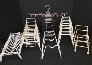 lot 141 image: 11 Coated Metal PlateDish Storage Racks, Chrome Wall Hanger Towel Rack, and Chrome Hanger BeltJewelryTie Rack