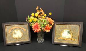 lot 142 image: Pair of Tropical Getaway Prints Coral Reyes Hotel & Port Royal Inn - 12.25in W x 10in T, and Vintage Ancohor Hocking EAPC 8.5in T Glass Vase with Floral Arrangement - Total Height 17in T