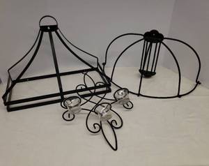 lot 143 image: 2 Black Metal Wall Pot or Herb Drying Racks Largest is 18in W x 9in D x 12.5in T, Domed One Folds Down, and Black Metal Wall Candle Sconce with Glass VotiveTea Light Holders 11.5in W x 17in T