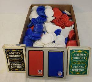 lot 147 image: Large Lot of Vintage Poker Chips, Union Pacific Playing Cards Set - Red Pack Still Sealed, and 2 Packs of Golden Nugget Gambling Hall Las Vegas Playing Cards - BlackGreen Backs