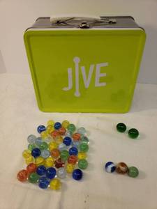 lot 148 image: 50 Vintage Glass CAT EYE Marbles & 2 Larger Emerald Green Glass Shooter Marbles - with Metal JIVE Carry CaseLunch Box