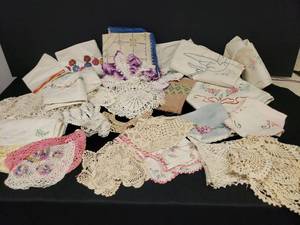 lot 149 image: Collection of Vintage Hand Work - Embroidering & Crochet - Doilies, Dresser Scarves, Pilloiw Cases, Hand Towels, Collar, and Table Cloths