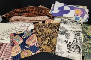 lot 150 image: Large Collection of Sewing Fabric, Quilt Starts, Batting, and Uphoolstery Fabric