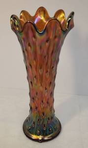 lot 151 image: Vintage Northwood Carnival Glass Iridescent Marigold to Amethyst - Tree TrunK SwungStretch Vase - Fluted Top with 9 Fingers - 9.75 in T x 4.25 W at Top x 3 38in W Base - Northwood Stamp in Bottom Glass