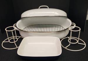 lot 155 image: Extra Large White Enamelware Roaster with Removable Inner Rack 22in L x 14.5in W x 14in T,  2 Chicken Roaster Racks, and Heavy Cobalt Glazed Stoneware Casserole Stamped B7A