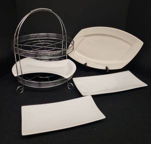 lot 156 image: Chrome 2-Tier ServerCaddy and  4 Heavy Porcelain BuffetServing Dishes 2 ONEIDA, & 2 SYRACUSE China