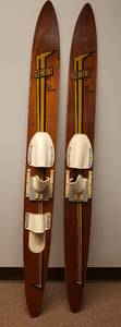 lot 160 image: Vintage Pair of 1960s NASH Gimini Solid Mahogany Wood Water Skiis - 6.5in at Widest x 67in T - With Original Bindings - In Great Shape for Age