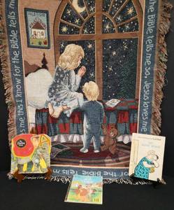 lot 163 image: Vintagre Tapestry Fringed Throw BlanketWall Hanging - Jesus Loves Me - 35in W x 45in T,  1965 The Golden Shape Book The Elephant Book, 1972 My Aunt Rosie Book, and 1990 a Little Golden Book Lady and the Tramp Book