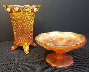 lot 164 image: Vintage 1930s Imperial Carnival Glass Lustre Marigold Lace Edge Footed Vase with Diamond Design Sides - 5in T x 4in W, and Vintage Marigold Carnival Glass Footed Sherbet Dish in Paneled Blackberry Wreath Patten 4.5in W x 2.25in T