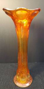 lot 167 image: Vintage Imperial Marigold Carnival Glass Beaded Bullseye Pattern - Swung Vase wth Flare Top & Electric Irridescence - 11.5in T x 5.5in W at Top