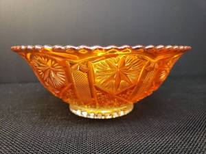 lot 168 image: Vintage Imperial Marigold Carnival Glass Star & File Pattern Footed Bowl with Sawtooth Edge - 7.25in W x 2.75in T