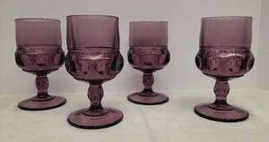 lot 169 image: Vintage 1960s-70s Indiana Colony Glass - Set of 4 Amethhyst Kings Crown Thumbprint Stemmed Goblets -  5.75in T