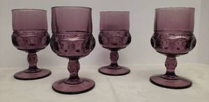 lot 170 image: Vintage 1960s-70s Indiana Colony Glass - Set of 4 Amethhyst Kings Crown Thumbprint Stemmed Goblets -  5.75in T