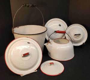 lot 174 image: Vintage BlackWhite & RedWhite Enamelware Large Bucket with Bail & Wood Handle 9in T x 11in W, Coffee Pot with Bail & Wood Handle - No Lid, and 4 Various Size PotPan Lids