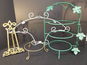 lot 175 image: Chippy White Metal Triple Plate Rack, Green Metal Tiered ServerPlate Stand, Gold Metal Plate RizerPlanter Holder, and Vintage Ornate Gold Metal Easel