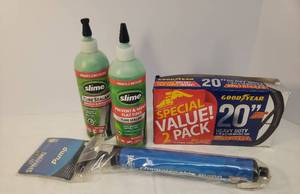 lot 4 image: 2Pk of Good Year 20In Heavy Duty Bicycle Tubes, 2 Bottles of Slime Tube Sealant, and NIP Spalding Air Pump