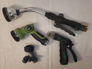 lot 5 image: Garden Hose Split Connector, Watering Wand Hose Attachment, and 2 Hose Spray Watering Guns