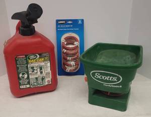 lot 6 image: Scotts HandyGreen II - Hand Held Fertilizer Spreader, Blitz Lawn & Garden Gas Can, and NIP HART Bump Feed String Timmer LIne