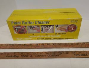 lot 7 image: Vintage Wooden Yard Sticks - Sears Paints & Smith Alsop Paint & Varnish Company Terre Haure, Indiana - NIP Paint Roller Cleaner