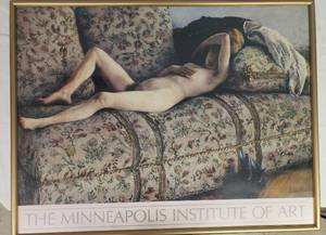lot 8 image: Vintage Minneaplis Institute of Art - Artists Signed Fine Art Nude Print in Custom Brushed Gold Metal Frame - 30.25in W x 23.25in T
